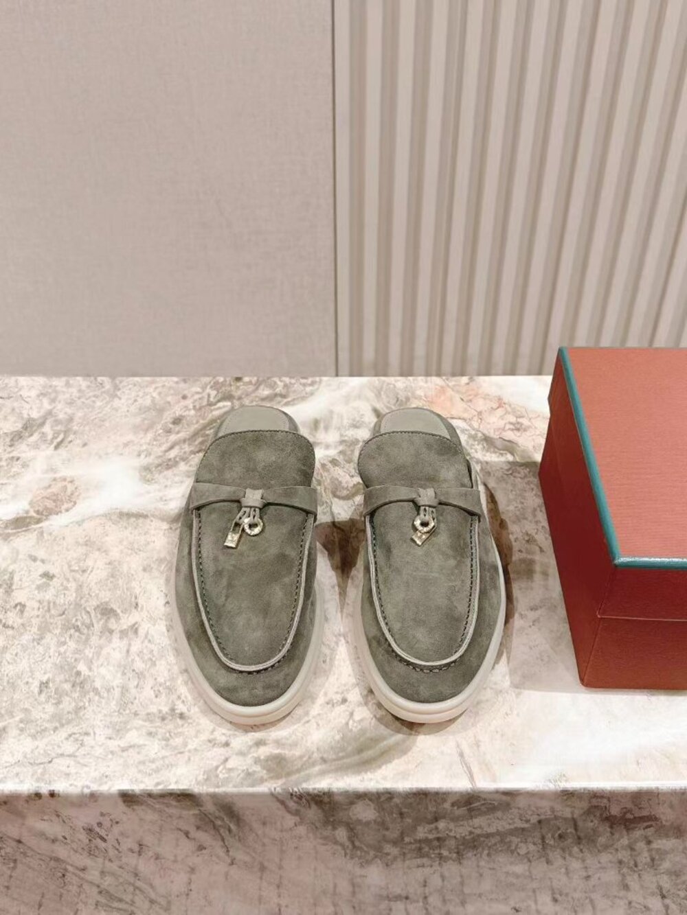 Loro Piana Sage Green Suede Charms Mule Slip-On Loafers